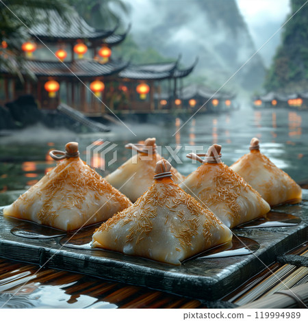 Traditional Zongzi Celebrations During Dragon Boat Festival With Scenic View. Generative AI Traditional Zongzi Celebrations During Dragon Boat Festival With Scenic View. Generative AI 119994989