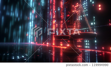 Balanced justice scales on binary data background, intersection of law and technology. Generative AI 119994990