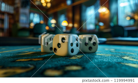 Five dice tumble on green felt surface in warm sunlight at game moment. Generative AI Five dice tumble on green felt surface in warm sunlight at game moment. Generative AI 119994991