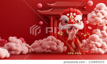 The Chinese dragon, wearing red, stands in the gate of an ancient building, surrounded by clouds. The Chinese dragon, wearing red, stands in the gate of an ancient building, surrounded by clouds. 119995033