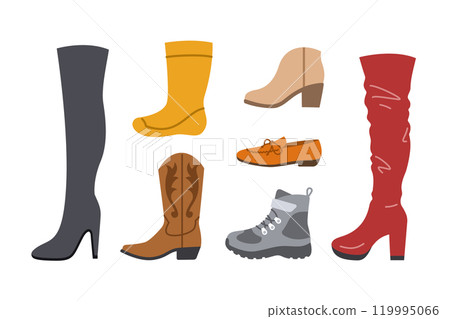 Women shoes. Different types of footwear for lady. High heels, thigh-high, cowboy boots, moccasins, hiking boots, rain boots. Simple color flat icons for clothing shop. Side view pictograms, isolated 119995066