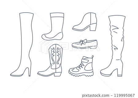 Women shoes. Different types of footwear for lady. High heels, thigh-high, cowboy boots, moccasins, hiking boots, rain boots. Line icons for clothes shop. Side view outline pictograms, editable stroke 119995067