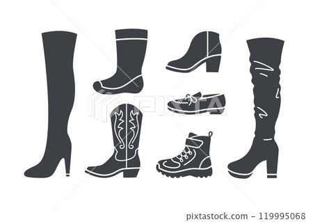 Women shoes. Different types footwear for lady. High heels, thigh-high, cowboy boots, moccasins, hiking boots, rain boots. Simple solid silhouette icons for clothes shop. Side view pictogram, isolated 119995068