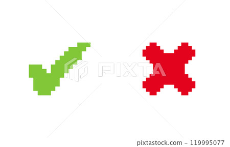 Check Icon with Right and Wrong Circle Buttons. Buttons of Green Check and Red Cross Icon in Pixel Art Style. Check Mark Icon. Isolated Vector Illustration Check Icon with Right and Wrong Circle Buttons. Buttons of Green Check and Red Cross Icon in Pixel Art Style. Check Mark Icon. Isolated Vector Illustration 119995077