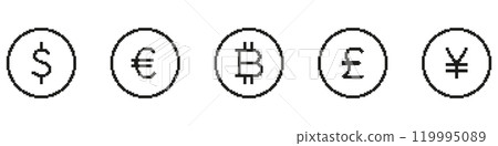 Pixel Art Dollar, Euro, and Bitcoin Icons Line Set. Retro Style Pixelated Currency Outline Symbols Collection. Isolated Vector Illustration 119995089