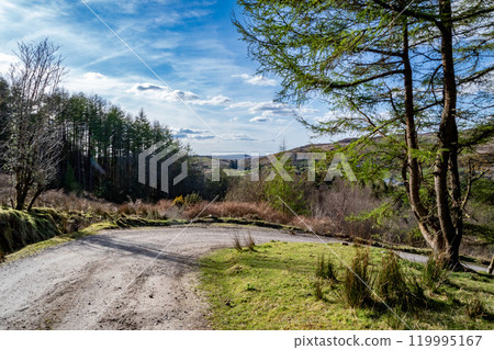 Sign warning of a sharp bend at Meenahalla, Glenties, Republic of Ireland 119995167