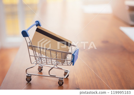 Shopping cart with credit card on wooden table. Spend money using credit card ,buying online, shopping , e-commerce lifestyle concept.Copy space. Shopping cart with credit card on wooden table. Spend money using credit card ,buying online, shopping , e-commerce lifestyle concept.Copy space. 119995183