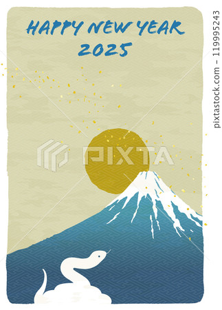 New Year's card template for the Year of the Snake: Snake, Mt. Fuji, and sunrise New Year's card template for the Year of the Snake: Snake, Mt. Fuji, and sunrise 119995243