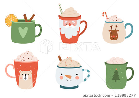 Vector set of colorful Christmas cups with winter drinks in simple cartoon style isolated on white background 119995277