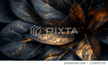 Abstract black and gold leaves background with glowing particles, magic backdrop. Generative AI 119995350