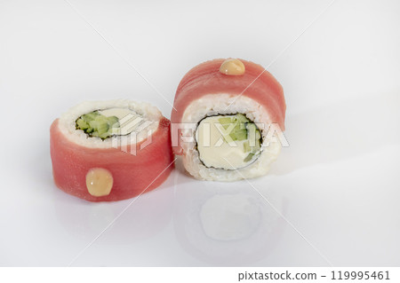 Sushi for menu on light background. Fast food, seafood. 119995461