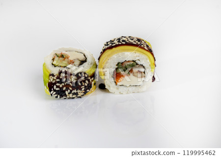 Sushi for menu on light background. Fast food, seafood. Sushi for menu on light background. Fast food, seafood. 119995462