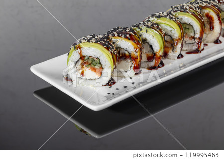Sushi for menu on light background. Fast food, seafood. Sushi for menu on light background. Fast food, seafood. 119995463