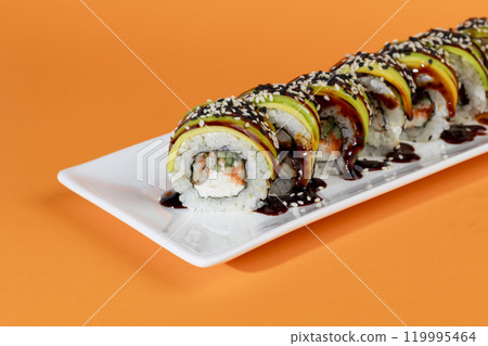 Sushi for menu on light background. Fast food, seafood. Sushi for menu on light background. Fast food, seafood. 119995464