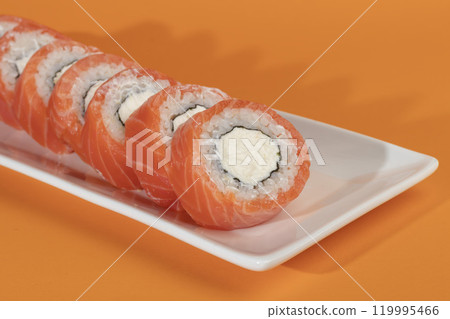 Sushi for menu on light background. Fast food, seafood. 119995466