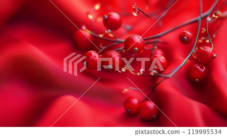 Red glossy berries against a dark red silk fabric background. 119995534