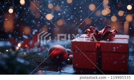 A red gift box with Christmas decorations next to it on a blurred background. 119995535