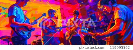 A group of musicians in a garage band, playing different instruments and singing together, creating a dynamic and energetic performance in a relaxed setting, shared hobby for a group of people 119995562