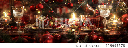 The Christmas table setting, with its traditional red hues and vintage plates, is complemented by elegant decorations, offering a timeless and cheerful holiday dining experience, banner 119995578
