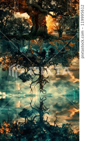 A bizarre, inverted forest where roots stretch toward the sky and branches delve underground, presenting a strange and otherworldly scene that feels both eerie and magical, unusualness explosion 119995612