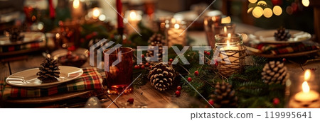 The Christmas dinner table, with its rustic wooden tabletop, plaid napkins, and soft candlelight, is beautifully decorated with pine cones and holly for a warm, classic holiday feel 119995641