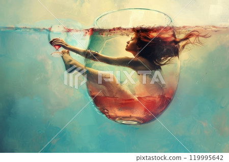 A young woman swims gracefully in a giant glass filled with dry wine cocktail, creating a surreal and elegant scene with clear liquid and playful reflections, unusualness explosion 119995642