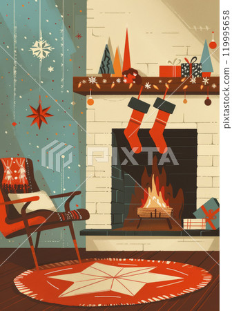 Celebrating the holiday spirit, this retro Christmas card showcases a delightful 1960s-style fireplace adorned with stockings , offering a timeless greeting that blends nostalgia with festive cheer 119995658
