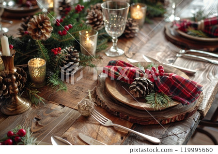 A cozy Christmas dinner table with a rustic wooden tabletop is decorated with pine cones, holly, and plaid napkins, creating a warm and inviting holiday ambiance A cozy Christmas dinner table with a rustic wooden tabletop is decorated with pine cones, holly, and plaid napkins, creating a warm and inviting holiday ambiance 119995660
