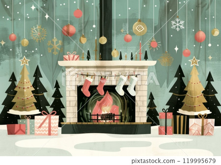 This vintage-inspired card depicts a charming illustration of a 1960s fireplace scene, complete with stockings and mid-century modern decor, capturing the essence of traditional Christmas celebrations 119995679