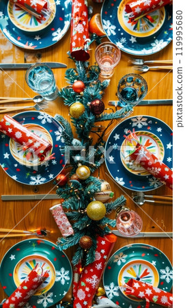 This festive family Christmas table features colorful plates, cheerful crackers, and a joyful centerpiece, surrounded by an inviting variety of delicious holiday foods 119995680
