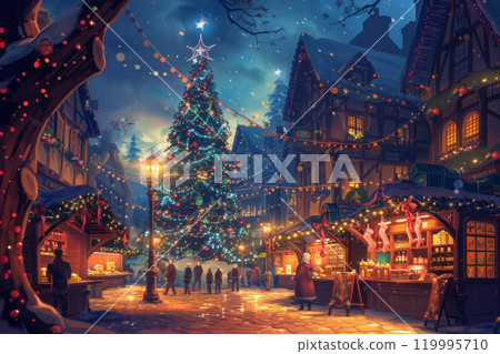 A cozy Christmas fair at night features a giant tree at its center, surrounded by stalls selling seasonal decorations and hot drinks, creating a warm and festive holiday atmosphere 119995710
