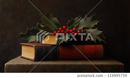 A holly berries branch on a small pile of vintage covered books. 119995739