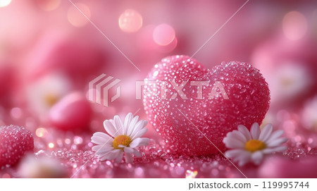 Pink heart-shaped candies, and small white daisies scattered on the ground. 119995744