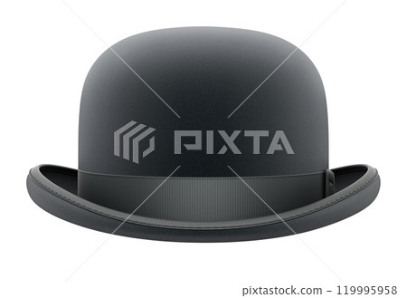 Front view of black bowler hat isolated on white background - 3D illustration Front view of black bowler hat isolated on white background - 3D illustration 119995958