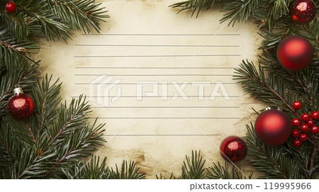 An empty letter paper with Christmas decorations around. An empty letter paper with Christmas decorations around. 119995966