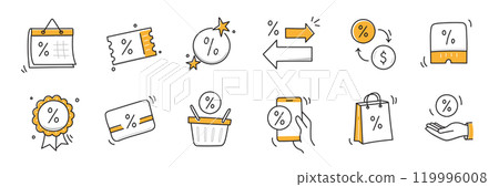 Doodle discount sale icon set. Discount percent, shop sale coupon hand drawn sketch line pen stroke style icon. Special price offer deal sketch doodle drawn collection. Vector 119996008