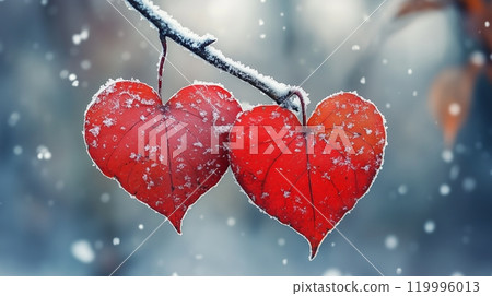 A pair of red heart-shaped leaves hanging on a branch, with snowflakes covering them. 119996013