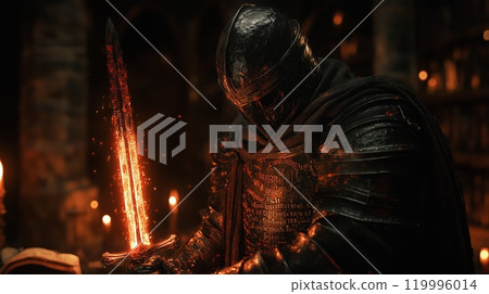 A holy knight holding a glowing sword and a shield, in the Middle Ages style. 119996014
