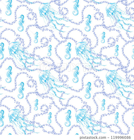 Seamless pattern with jellyfish and air bubbles. Watercolor illustration on a marine theme for fabric design, decoration of holidays with a marine theme, printing of seafood restaurants 119996086