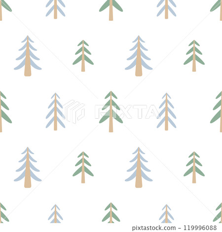 Seamless vector Christmas pattern with various fir trees on a white background. 119996088