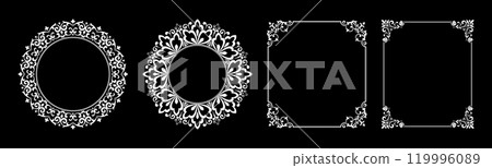 Set of decorative frames Elegant vector element for design in Eastern style, place for text. Floral black and white borders. Lace illustration for invitations and greeting cards. 119996089