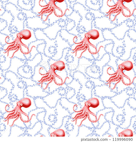 Seamless pattern with octopuses and air bubbles. Watercolor illustration on a marine theme for fabric design, decoration of holidays with a marine theme, printing of seafood restaurants Seamless pattern with octopuses and air bubbles. Watercolor illustration on a marine theme for fabric design, decoration of holidays with a marine theme, printing of seafood restaurants 119996090