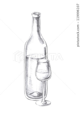Vertical composition with wine bottle and glass. Isolated pencil graphic illustration for postcards, textiles, restaurant decoration, invitations to a sea party, Vertical composition with wine bottle and glass. Isolated pencil graphic illustration for postcards, textiles, restaurant decoration, invitations to a sea party, 119996107