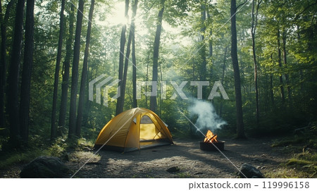 A yellow tent set up in the forest, surrounded by tall trees and lush foliage. 119996158