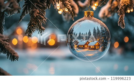 A glass ball is hanging on a Christmas tree, with a small village inside the glass ball. 119996223