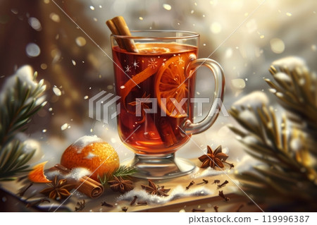 A close-up illustration of a glass of Christmas mulled wine with a cinnamon stick, orange slice, cloves, and an evergreen sprig, surrounded by festive decorations in a winter nature setting 119996387