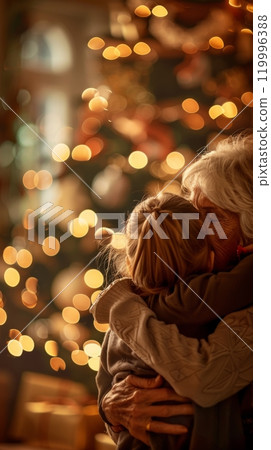 In a cozy living room, a loving grandmother and granddaughter embrace by a stunning Christmas tree, capturing the heartwarming spirit of the season 119996388