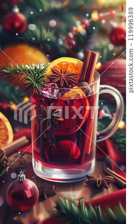 A warm, aromatic mulled wine served on a wooden tray, with cinnamon, star anise, and orange slices, creating a cozy festive stall atmosphere decorated with pine cones, holly, and fairy lights 119996389