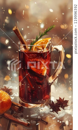 Illustration of a warm glass of mulled wine, garnished with a cinnamon stick, orange slice, and cloves, set against a backdrop of winter nature and holiday decorations Illustration of a warm glass of mulled wine, garnished with a cinnamon stick, orange slice, and cloves, set against a backdrop of winter nature and holiday decorations 119996392