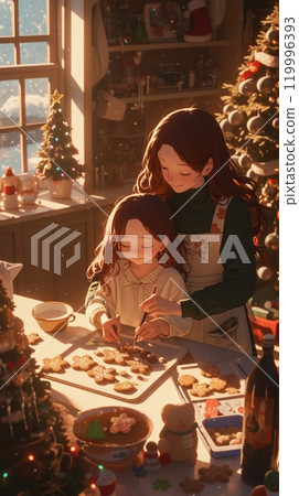 Mother and daughter are joyfully baking gingerbread cookies with festive cookie cutters in a cozy, Christmas-decorated kitchen filled with warmth and cheer Mother and daughter are joyfully baking gingerbread cookies with festive cookie cutters in a cozy, Christmas-decorated kitchen filled with warmth and cheer 119996393